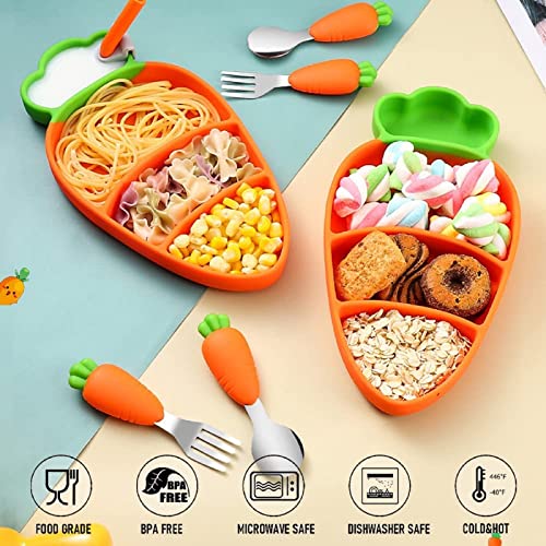 Setflags Toddler Plates With Suction, Silicone Suction Plates For Baby, Cute Carrot Divided Plates And Utensils Set, Non Slip, Bpa Free, Feeding Set For 1-5 Years Old, Microwave Dishwasher Safe #TOP2