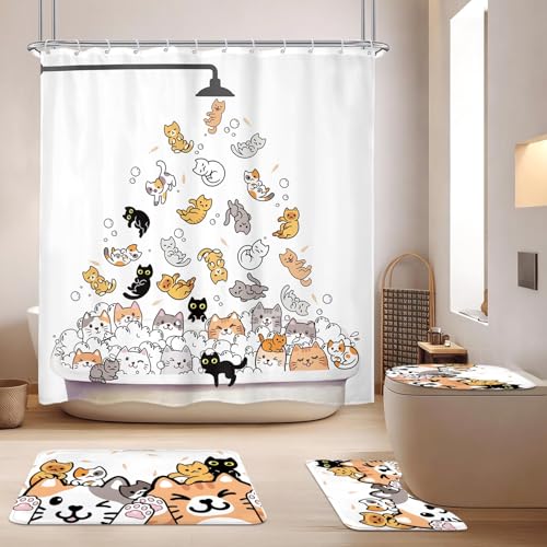Kids Cat Cartoon Cute Animal U 4Pcs Bathroom Shower Curtain Set with Rugs