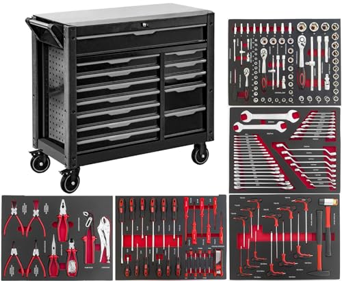 JOMAFA Carro de Taller Grande de 13 cajones con Bandeja de Acero Inoxidable, Edición XXL con 5 modulos de Herramientas