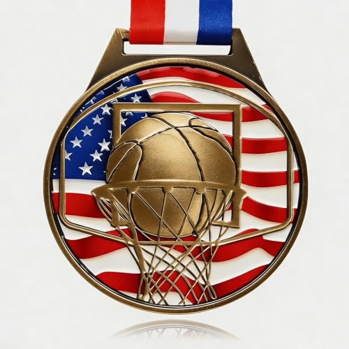 YUJUE Patriotic Basketball Medal - 3 Inch Zinc Alloy Basketball Medal with Hoops Medallion with Stars Patriotic Sports Award Medal for Basketball Competitions Tournaments & Recognition