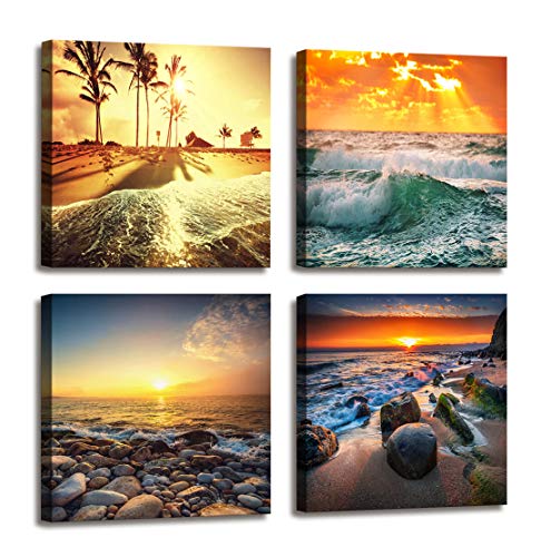 Ocean Beach Home Decor Canvas Prints For Bedroom Decor,Beautiful Seascape Nature Composition Of Sea Sunset,Colorful Sunset Over Ocean On Maldives,Hd Pictures For Living Room Bathroom Decor 4 Pcs/Set #TOP15