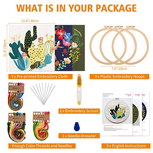 3 Sets Embroidery Kit for Beginners with Embroidery Patterns and Instructions Floral Series Cross Stitch Kits Including 3 Embroidery Hoops,Colored Threads and Other Tools
