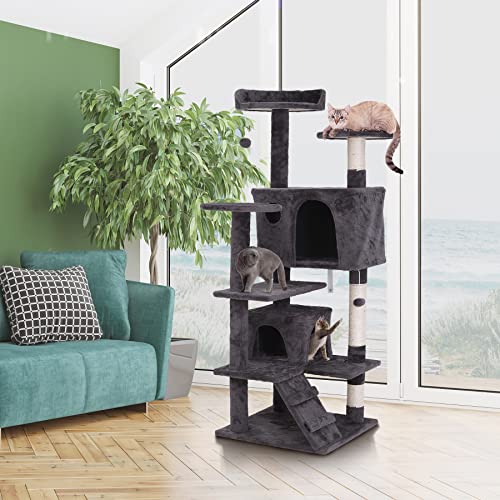 Torre para gatos multi-niveles de 53 pulgadas con caseta y postes rascadores gris miniatura 3