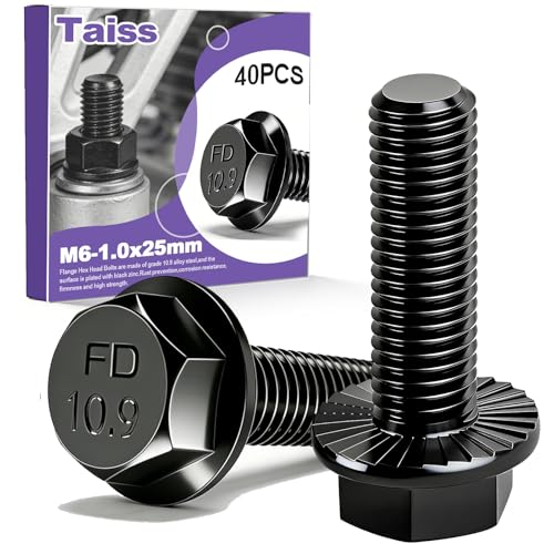 Image of Taiss 40PCS M6-1.0 x 25mm Metric Flange Hex Head Bolts,Hex Drive Screws 10.9 Black Zinc Plated Alloy Steel,M6x1.0 Bolt,Full Thread Hex Bolts
