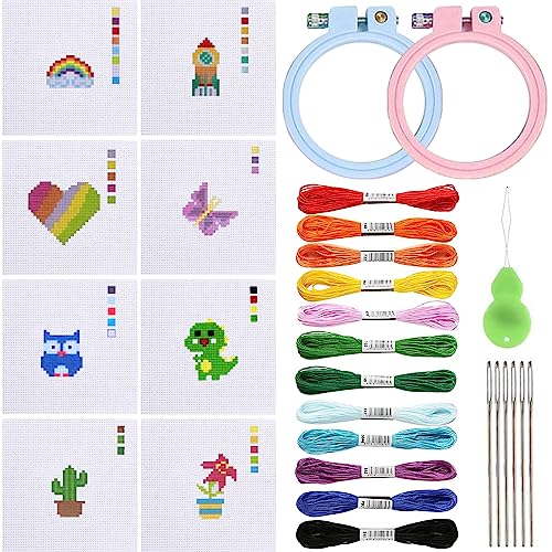 BDSHUNBF 8 Pezzi Ricamo Starter Kit, Kit da Ricamo per Principianti, Kit per Punto Croce per Bambini, Telaio da Ricamo con Motivo, per Adulti, Bambini, Principianti
