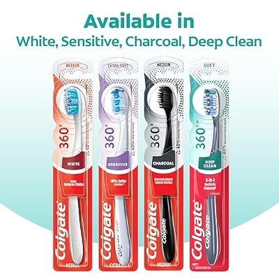 Colgate 360 Whole Mouth Toothbrush, Adult Toothbrushes Medium Bristles, Helps Remove Bad Breath Bacteria and Plaque, Medium Toothbrush Pack, Includes Cheek and Tongue Cleaner, 4 Pack