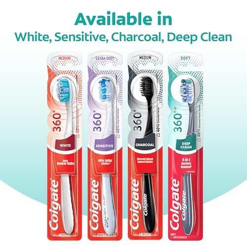 colgate 360 whole mouth toothbrush adult toothbrushes medium bristles helps remove bad breath bacteria and plaque medium toothbrush pack includes cheek and tongue cleaner 4 pack