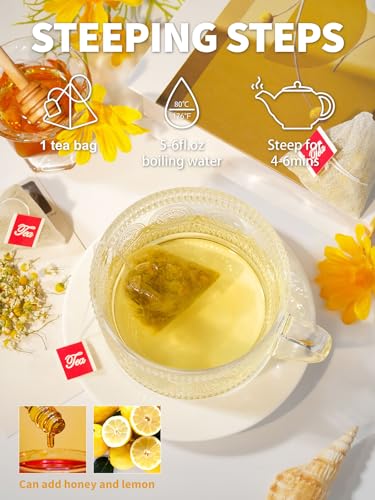 Image of TeeLux Chamomile Tea Bags, 1.5g /bag, Pure Natural Whole Chamomile Flowers Herbal Tea in Pyramid Bags, Caffeine Free, 40 Count