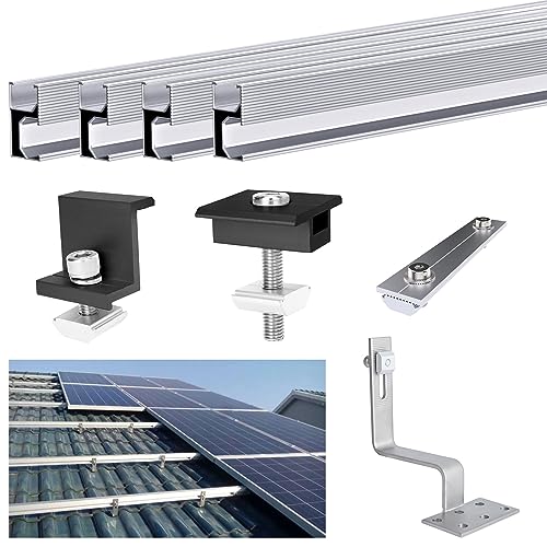 Sorlpv Solarmodul Halterung Balkonkraftwerk Ziegeldach mit 1500mm Montageschiene, Dachhalterungen Solarmodule Befestigung mit Dachhaken aus Edelstahl und Schwarze Klemme, für 2 x 30mm PV Module