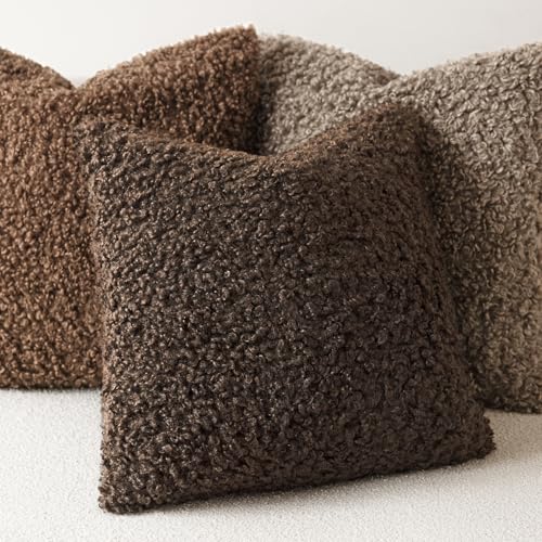 Image of Foindtower Set of 2 Curly Teddy Wool Pillow Covers Decorative Boucle Textured Lumbar Throw Pillow Faux Fur Sherpa Pillowcases Sheepskin Fuzzy Cushion Case for Sofa Bedroom Car 12 inchx20 inch Dark Brown