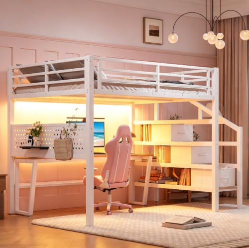 Image of Bellemave Full loft Bed with Movable Desk and Storage Stairs, Shelves, Metal Loft Beds with LED Lights, USB Ports, Multifunctional Iron Nets for Adults, Kids, Teens, White