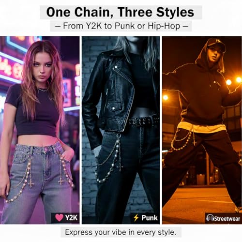 Image of Y2K Pearl Pants Chain Streetwear Jewelry- Unisex Layered Wallet Chain with Heart Cross Pendant, Punk Aesthetic Jeans Keychain Accessory for Men Women