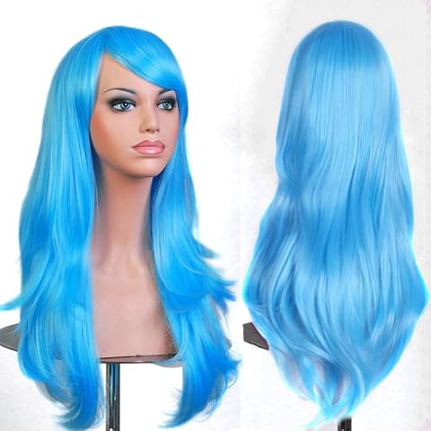 YEESHEDO Women's 28" 70 cm Cosplay Wig Long Wavy Curly Hair Ends with Bangs Wigs for Girls Heat Resistant Synthetic Wig for Party Costume Anime Halloween (Light Blue) Cover