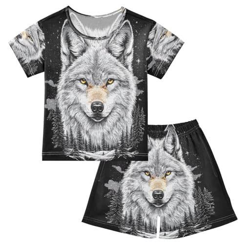 ALAZA Wolf Black Pajamas Set Short Sleeve Cotton Sleepwear Summer Pjs 2 Piece 5-14Y