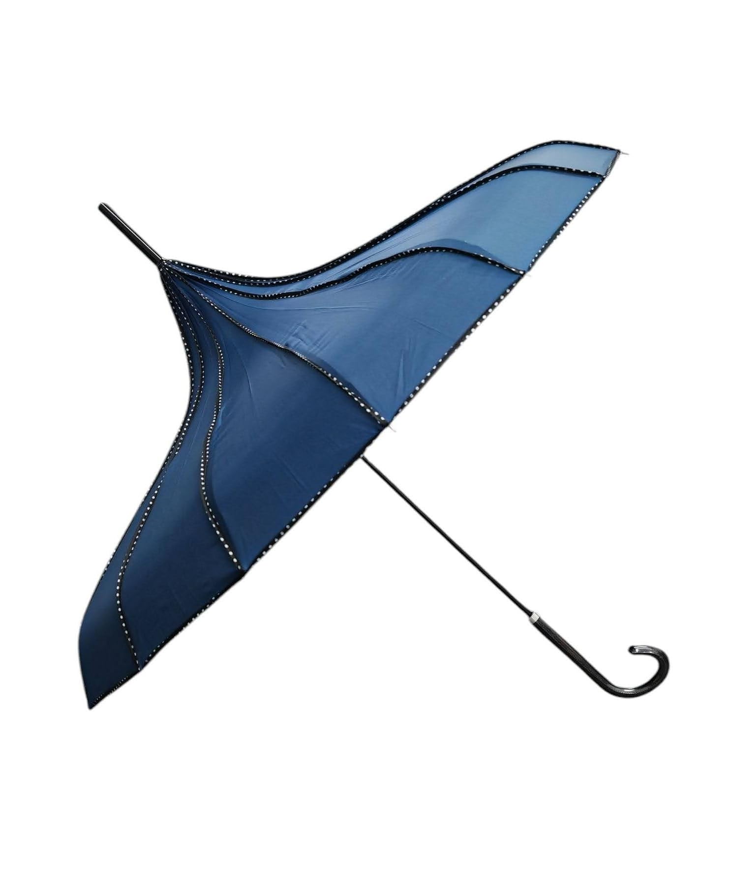 Superbia Pagoda Stick Umbrella Parasol With Polka Dots Trim Sun Rain Wedding Event (Navy)