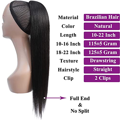 Straight Ponytail Clip Ins Human Hair Extension, Drawstring Ponytail Clip In Straight Human Hair, Black Brazilian 10A Human Hair Extension Clip Ins Straight Ponytail (20 Inch, Straight) #TOP1