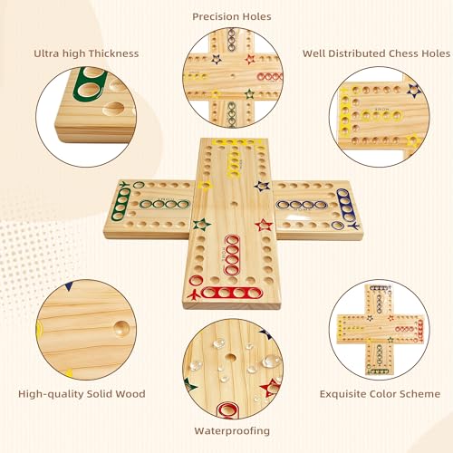 Wahoo Board Game, 15 inch Marble Board Game Double Sided Painted Wooden Fast Track for 2 to 4 Players with Storage Bag and 20 Glass Marbles,4 Dices for Family Game Night - Image 3
