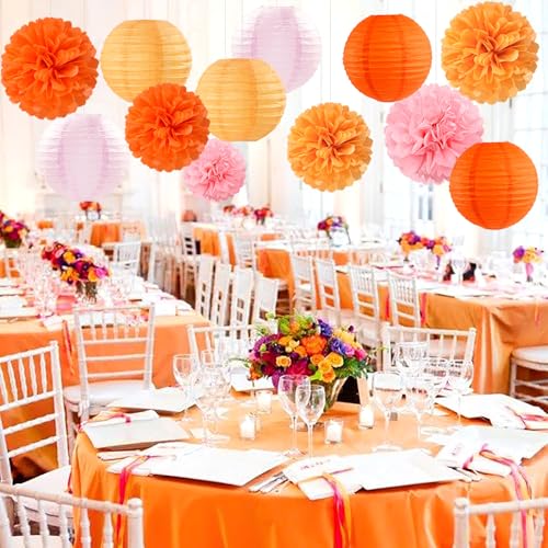 Image of Pink-Orange Groovy Party-Decorations Paper-Flowers Lanterns - 15PCS Baby Shower Tissue Pom Poms Streamers, Fall Wedding Boho Birthday Bridal Bachelorette Sunset Hanging Supplies Decor Hugfond