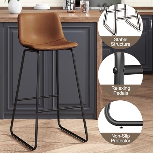 Image of REONEY Bar Stool Set of 2, 30 inch Urban Faux Leather Counter Stool, Dark Brown