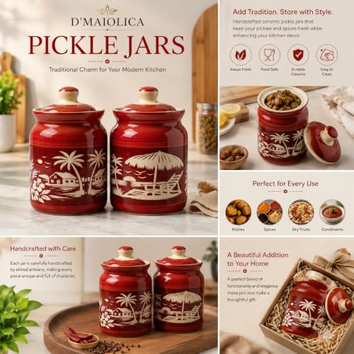 Image of D'Maiolica Pickle Jars in 1000ml (set of 2) | Handpainted Floral Pattern 1 kg Achaar Martban | Ceramic Container Set for Kitchen Storage (Pack of 2) (Heritage Red Oasis)