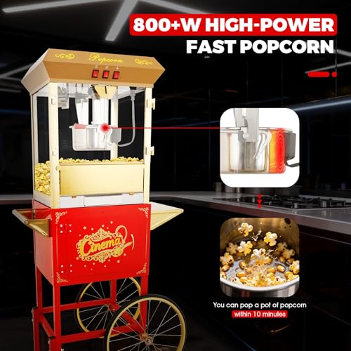 Image of 16Oz Commercial Popcorn Machine With Cart and 16 Oz Kettle, Movie Theater Popcorn Machine, Red Golden Pop Corn Machine with 3-Switch Control & Steel Frame Tempered Glass Doors