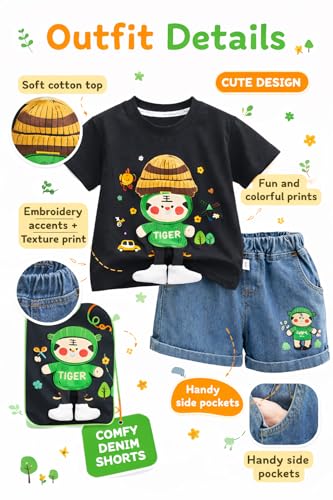 Image of Bold N Elegant Kids Half Sleeve 3D Cartoon Tiger Cotton T-Shirt with Denim Shorts Summer CLothing Set for Infant Toddler Preschool Boys n Girls | Cook Outfit For Kids