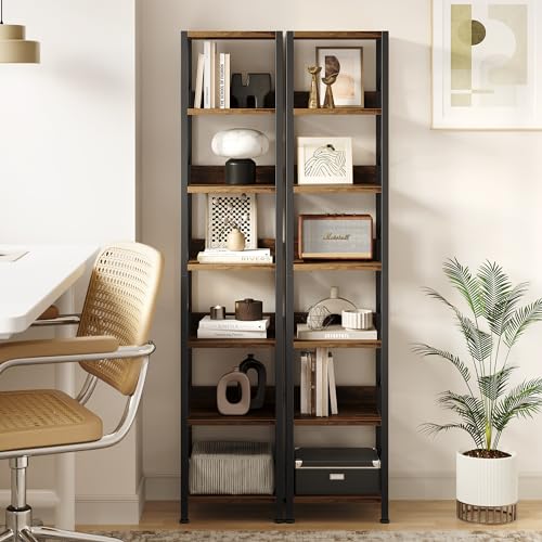 IDEALHOUSE Narrow Bookshelf Tall Skinny Bookcase 6 Tier Storage Rack Rustic Corner Shelf Metal Frame Small Freestanding Bookshelves Industrial Display Stand for Bedroom, Living Room, Home Office