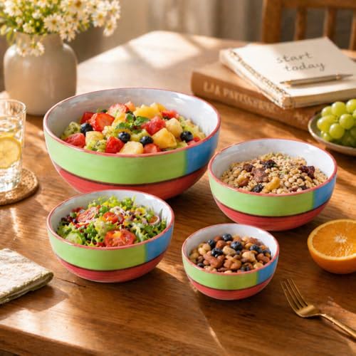 Image of Ceramic Mixing Bowl Set - 4 Pieces (1500ml, 800ml, 600ml, 400ml), Red Multi - Durable, Microwave & Dishwasher Safe - Ideal for Mixing, Serving & Storage
