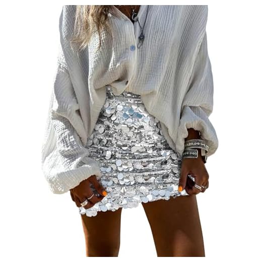 miduo Womens 2025 Fashion Sequin Skirt High Waist Stretchy Bodycon Sparkle Night Out Party Mini Skirts Silver M