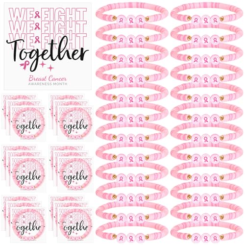 Tondiamo 24 Sets Breast Cancer Awareness Bracelets Bulk Pink Ribbon Polymer Clay Handmade Beads with We Fight Together Motivational Cards Breast Cancer Awareness Gifts Bulk for Women Party Favor