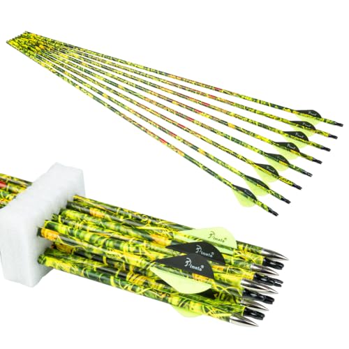 Pinals Archery 28 300 340 350 400 Spine Carbon Hunting Arrows for Compound Recurve Bow Practice Target 28 Inch Camo Arrow Shaft Pack of 12PCS Yellow 300