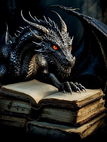 Image of MBNTJHT DIY Dragon Diamond Painting Kits for Adults,5D Full Round Drill Diamond Art Kits for Adults Beginners,Black Dragon and Books Painting by Diamonds Kit Crafts for Home Decor Gifts 12X16 Inch.