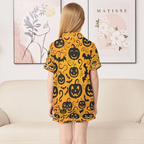 ALAZA Cute Bat Pumpkin Halloween Satin Pajamas Set Short Sleeve Button Down Sleepwear Summer Pjs 2 Piece4