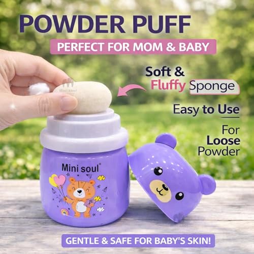 Image of Baby Powder Puff with Opaque Container Soft Feather Sponge Powder Applicator for Newborn & Infant Mess-Free, Leak-Proof, Baby-Safe Design Purple