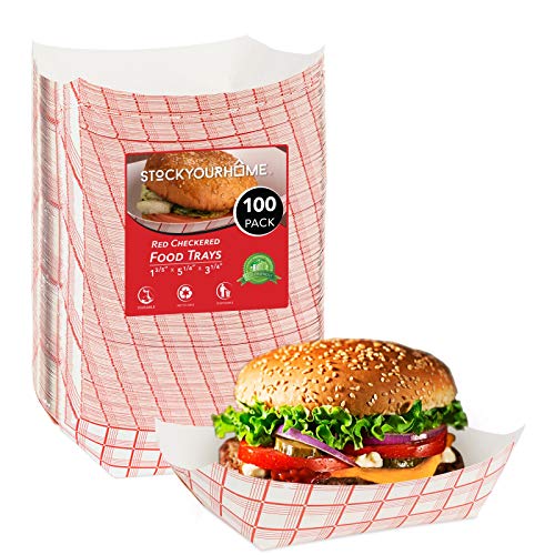 Paper Food Boats (100 Pack) Disposable Red and White Checkered Paper Food Trays - Eco Friendly Red Paper Food Trays 3 Lb â€“ Serving Boats for Concession Food and Condiments, Paper Food Trays 5.75" x 3"