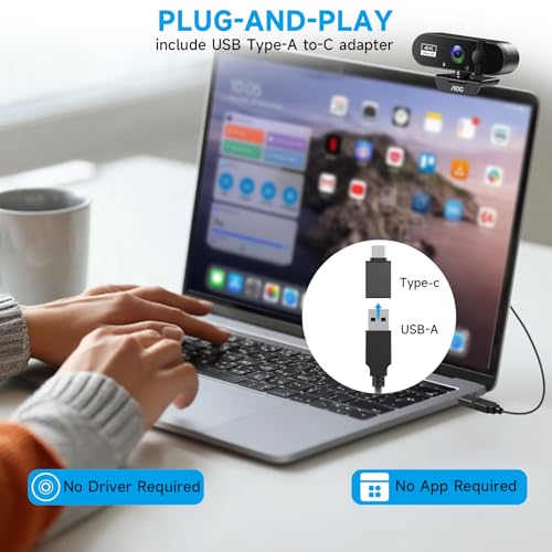 Aoc Webcam For Pc With Microphone, 4K Computer Camera With Noise Cancellation, Web Camera With Privacy Cover, 99° Fov, Plug & Play, Web Cam For Laptop, Desktop, Pc, Zoom, Skype, Facetime, Conferencing - 6