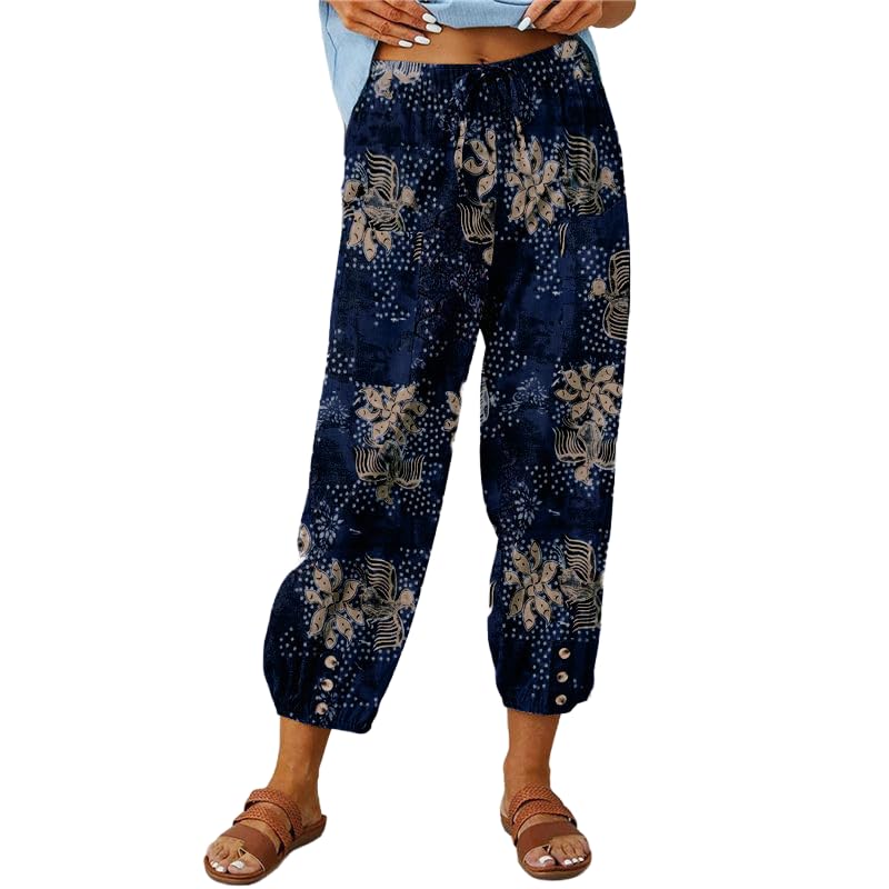 Women's Summer Linen Pants Floral Print Elastic Waist Cropped Pants Drawstring Capris Beach Trousers with Pockets