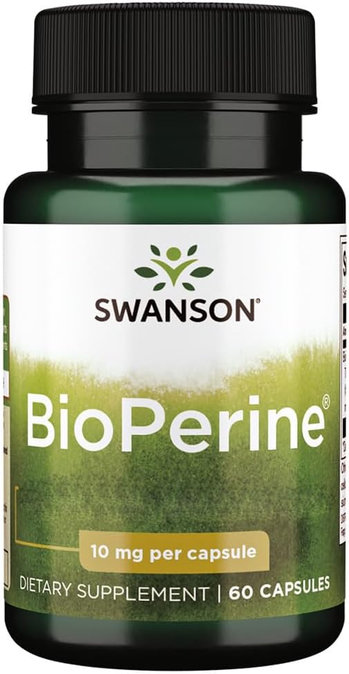 Swanson Bioperine, Black Pepper Extract, 10mg, with Piperine, 60 Capsules, High Strength, Soy-Free, Gluten-Free, Non-GMO
