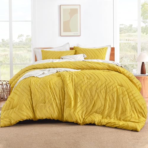 Image of Litanika Boho King Comforter Set, 3 Pcs Yellow Lightweight Bedding Set
