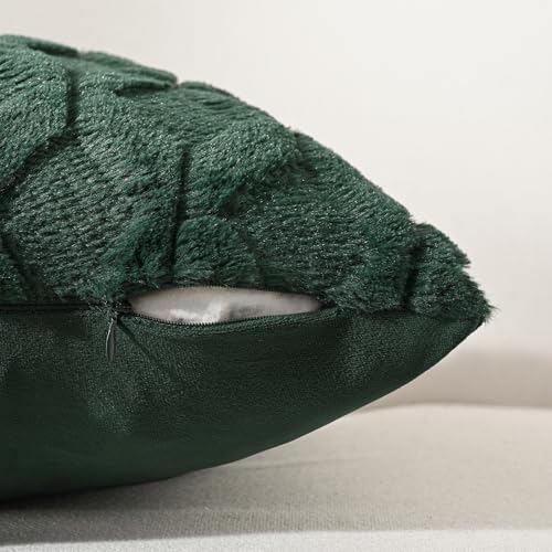 Volcanics Pack of 2 Faux Wool Throw Pillow Covers 20x20 Inches Decorative Farmhouse Velvet Couch Pillow Case Soft Plush Square Boho Cushion Pillowcase, Dark Green
