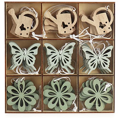 com-four® 36x Dekoaufhänger Ostern - Osterschmuck aus Holz zum Aufhängen - Holzaufhänger für den Osterstrauch - Schmetterling, Blume und Gießkanne (36 Stück - weiß braun grün)