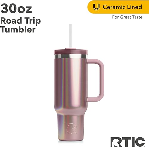 Miniatura 3 de RTIC Vaso de viaje por carretera de 30 onzas con doble pared, de acero inoxidable, portátil, con tapa, asa y pajilla, purpurina Snapdragon