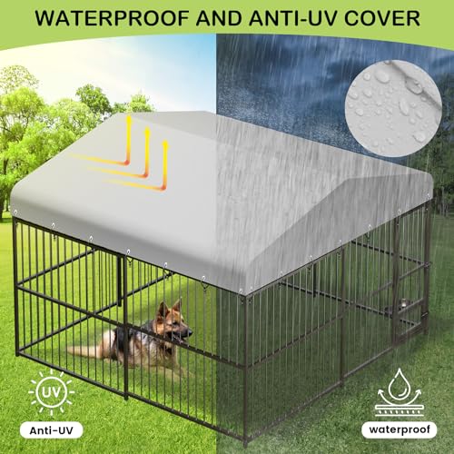 Large Outdoor Dog Kennel with Waterproof Cover, Large Dog House with Feeding Doors, Heavy Duty Dog Enclosures for Garden Backyard Courtyard（10×10×7FT）