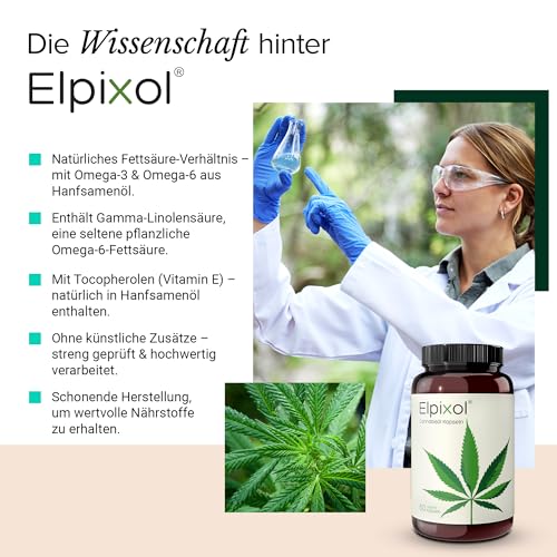 Elpixol® Hanföl Kapseln - Cannabisöl Kapseln hochdosiert mit Omega 3-6-9 (60 Stück) - 100% Hanfsamenöl Nativ und Kaltgepresst - 500mg veganes Cannabis Öl pro Kapsel - Laborgeprüft & Natürlich