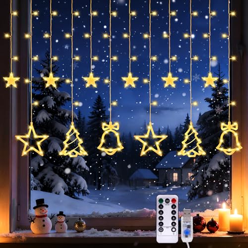 BomKra Christmas Window Curtain Lights, 3.5M 138LED Star String Lights with Remote & Timer, 8 Flashing Modes, Curtain Fairy Lights for Indoor Outdoor Christmas Decorations