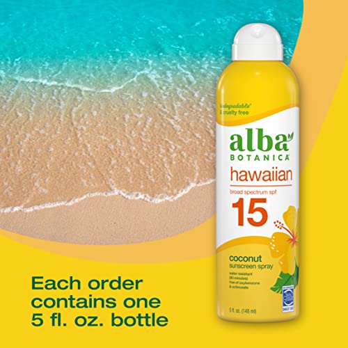 Alba Botanica Sunscreen Spray for Face and Body, Broad Spectrum SPF 15 Sunscreen, Hawaiian Coconut, Water Resistant and Biodegradable, 5 fl. oz. Bottle - Image 5