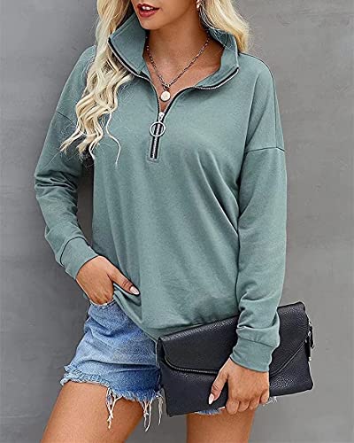 Orandesigne Women’s Casual Long Sleeve Lapel Sweatshirt Solid Color Loose Fit Half Zip Up Pullover Tops A Sky Blue #TOP1