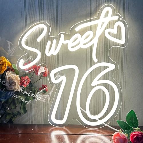 Image of Sweet 16 Neon Sign for Wall Decor Personalized Sixteen Birthday Light Sweet 16 LED Light Sign Sweet Girl Bedroom Happy Birthday Party Wall Decor Party Gift Warm White