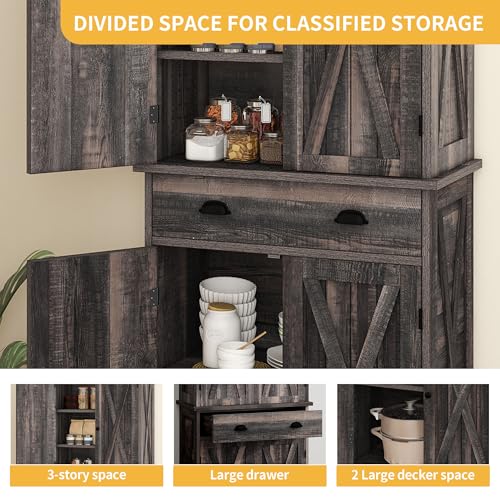 DWVO 72'' Tall Farmhouse Kitchen Pantry, Rustic Wood Kitchen Storage Cabinets with Adjustable Shelves & Drawer, Freestanding Cupboard for Dining Room, Living Room, Dark Grey