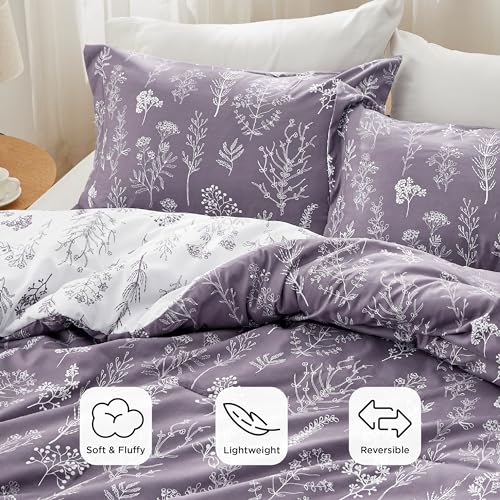 Image of Bedsure Full Comforter Set - Grayish Purple Bed Set, 3 Pieces Cute Floral Bedding, 1 Soft Reversible Botanical Flowers Comforter and 2 Pillow Shams